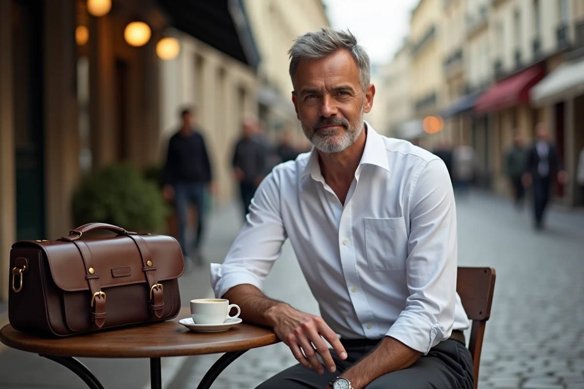 Homme assis en terrasse de café parisien avec une besace en cuir tanné végétal brun foncé montrant une belle patine naturelle
