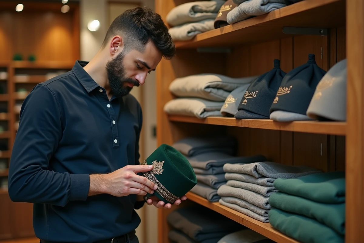 Jeune homme choisissant un chapeau musulman brodé dans une boutique islamique traditionnelle