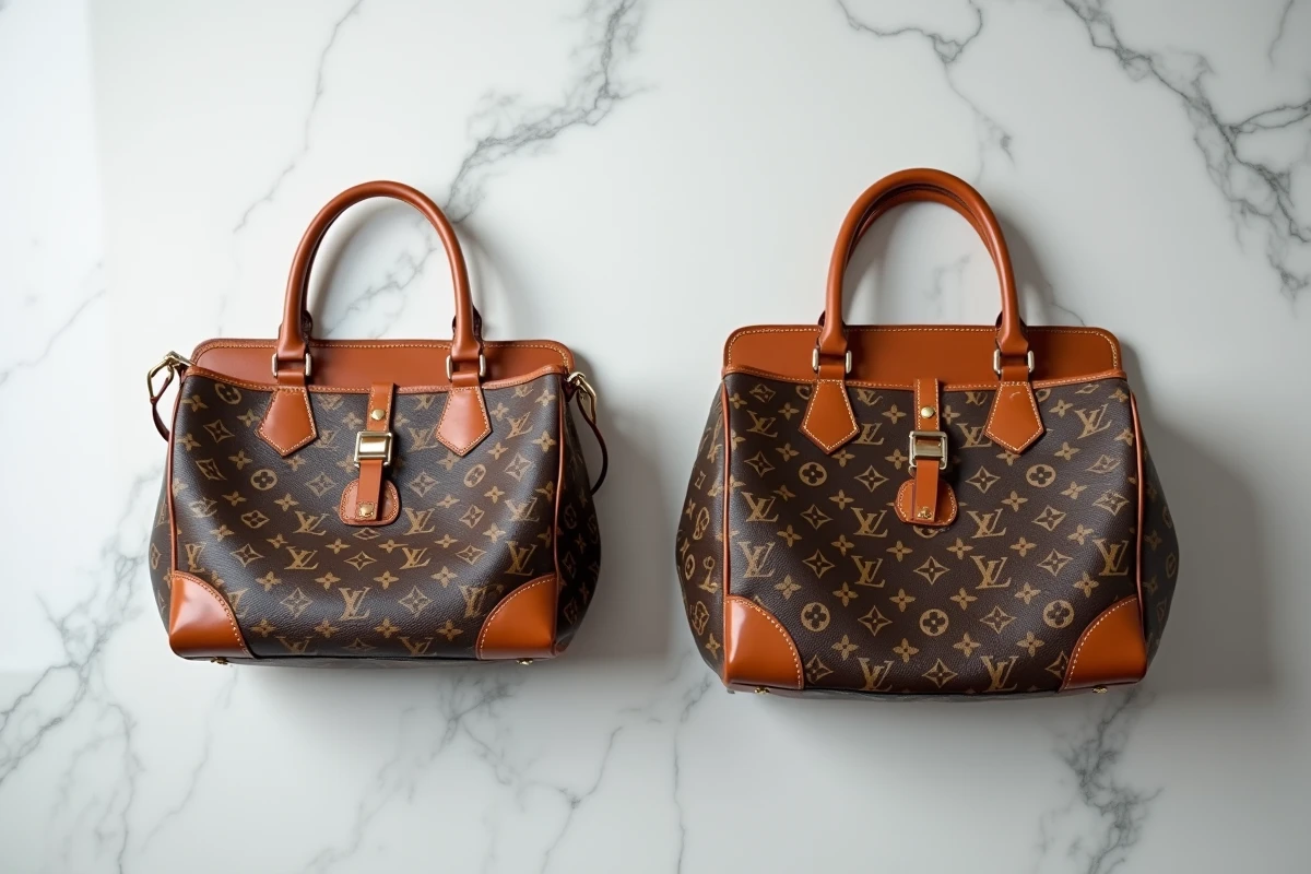 Comparaison côte à côte d'un vrai et d'un faux sac Louis Vuitton montrant les défauts de couture et d'impression