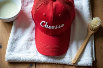 Casquette rouge America Great Again posée sur une serviette blanche avec brosse et eau savonneuse pour l'entretien