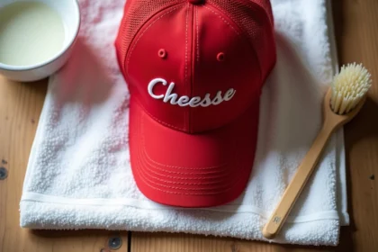 Casquette rouge America Great Again posée sur une serviette blanche avec brosse et eau savonneuse pour l'entretien