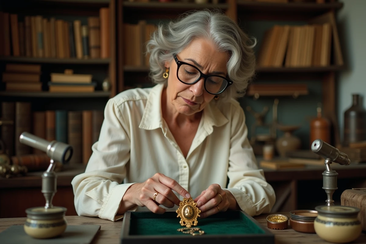 Experte en bijoux anciens examinant un poinçon sur une broche en or dans un atelier d'antiquaire