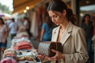 Femme examinant un sac à main monogramme suspect sur un marché aux puces, potentiellement un faux Louis Vuitton