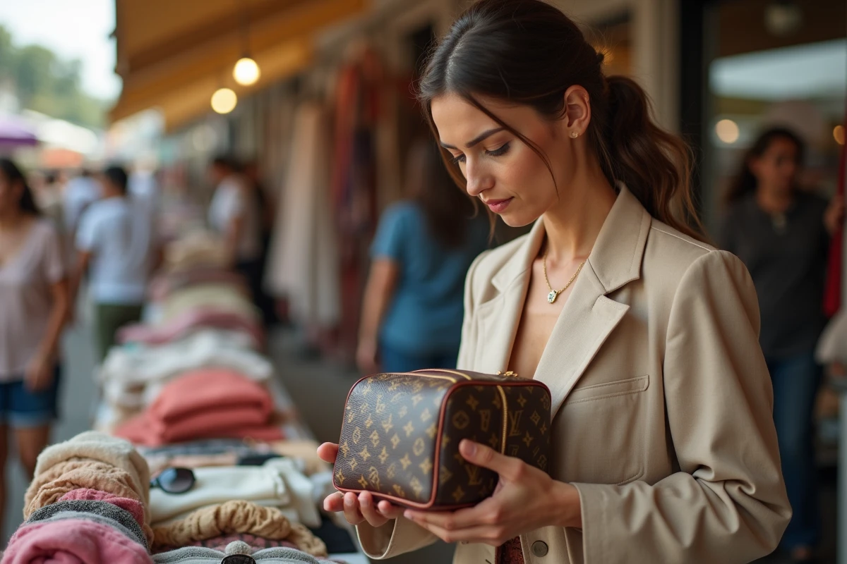 Femme examinant un sac à main monogramme suspect sur un marché aux puces, potentiellement un faux Louis Vuitton
