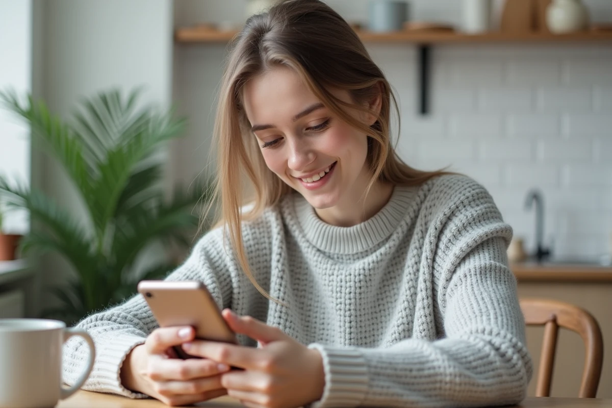 Jeune femme consultant les réglages de son compte Vinted sur smartphone pour obtenir la livraison gratuite