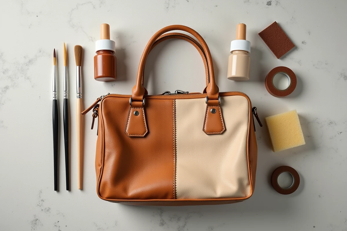 Vue en flat-lay des outils de peinture cuir et d'un sac à main vintage restauré sur fond béton