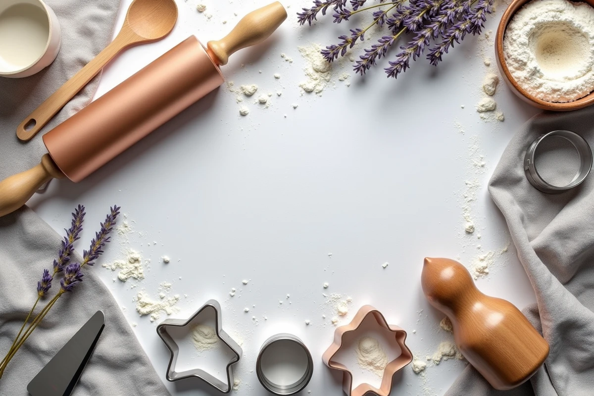 Flatlay d'accessoires de pâtisserie de qualité incluant rouleau à pâtisserie, emporte-pièces et spatules sur tissu lin gris