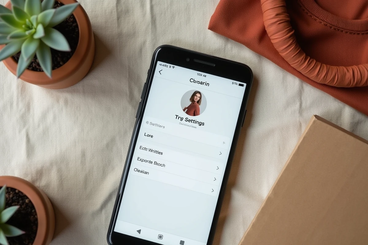 Vue de dessus d'un smartphone avec les réglages Vinted pour la livraison gratuite posé sur une surface en lin avec une étiquette d'expédition