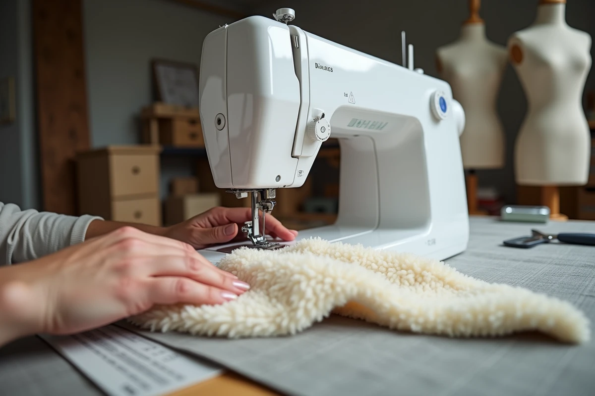 Gros plan sur des mains guidant un tissu sherpa sous le pied presseur d'une machine à coudre pour assembler la doublure d'un gilet