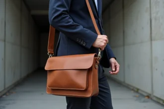 Homme en blazer navy portant une besace en cuir pleine fleur tan dans un environnement urbain minimaliste