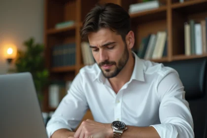 Homme en chemise blanche examinant une montre de luxe Rolex sur son poignet dans un appartement moderne, marché gris horlogerie
