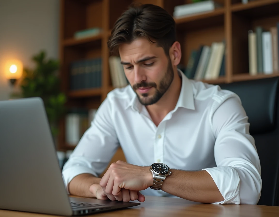Homme en chemise blanche examinant une montre de luxe Rolex sur son poignet dans un appartement moderne, marché gris horlogerie
