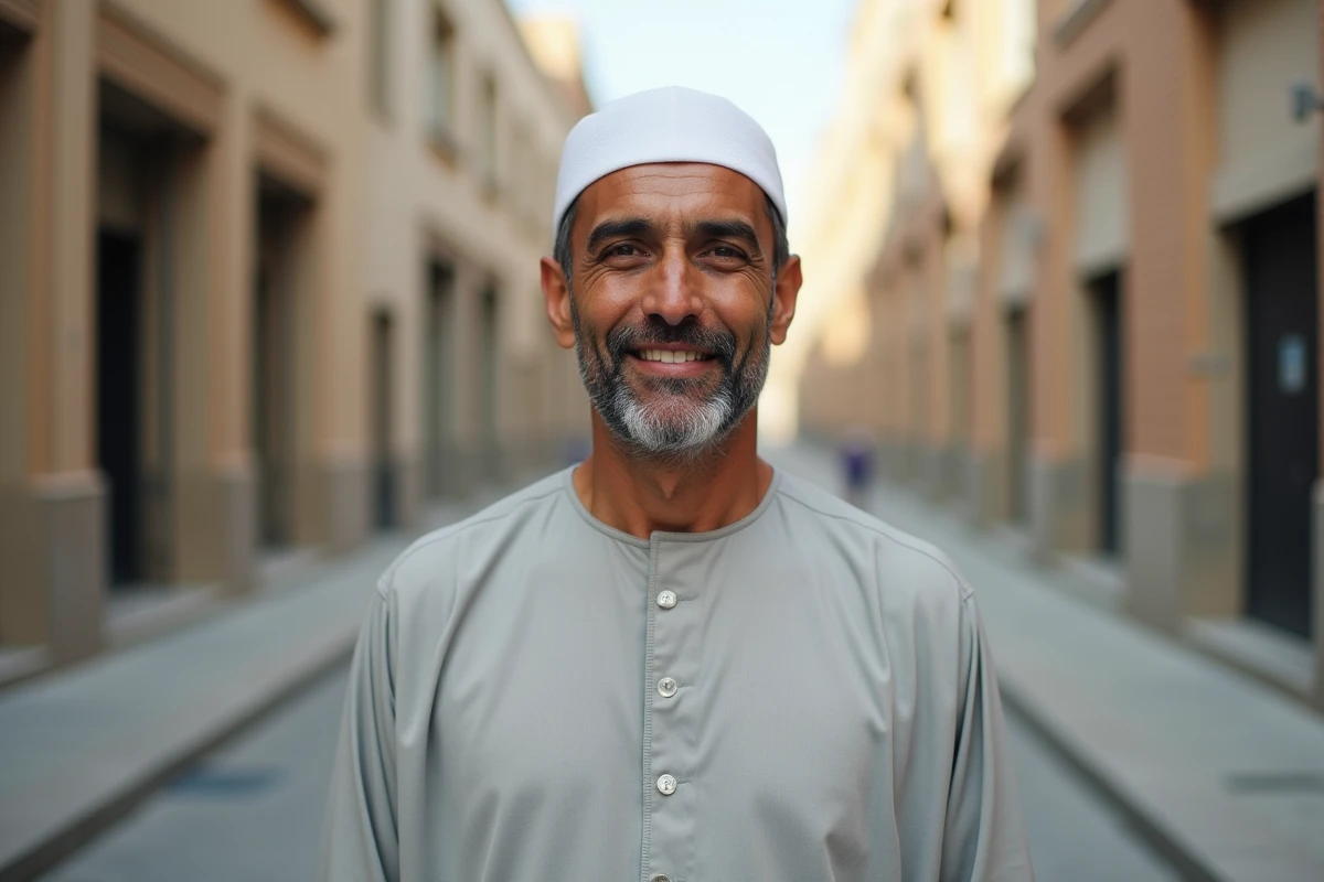 Homme portant un kufi blanc ivoire et une tenue traditionnelle dans une rue urbaine moderne