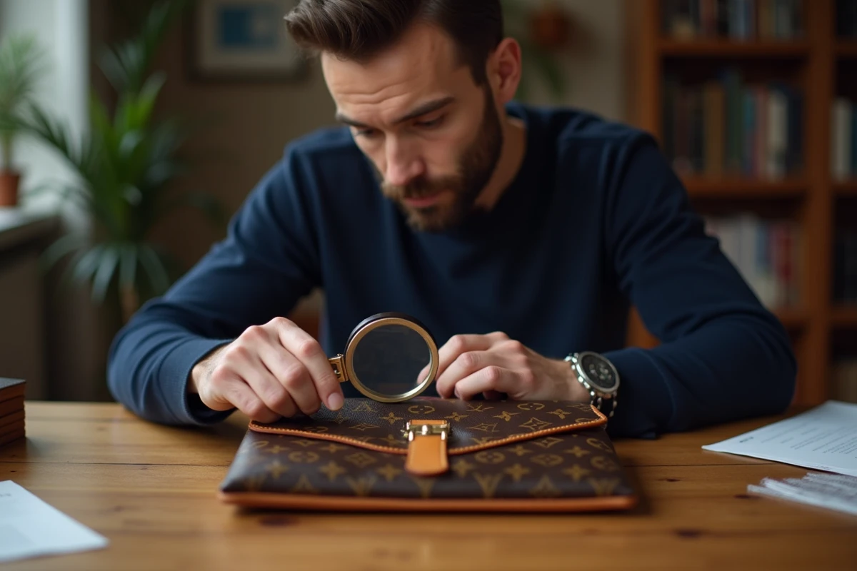 Homme utilisant une loupe pour authentifier les coutures et la ferronnerie d'un sac monogramme suspect