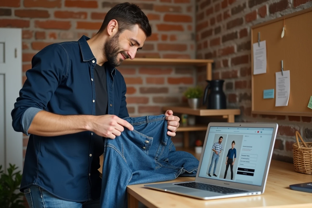 Homme préparant un colis de vêtements à vendre sur Vinted avec réglages de livraison gratuite sur ordinateur