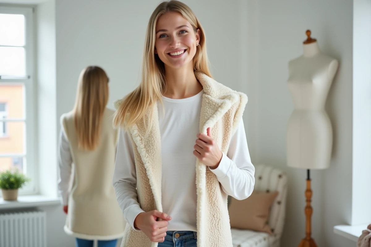 Jeune femme essayant un gilet fait main avec une doublure sherpa crème visible au col, reflétée dans un miroir en pied dans une chambre scandinave