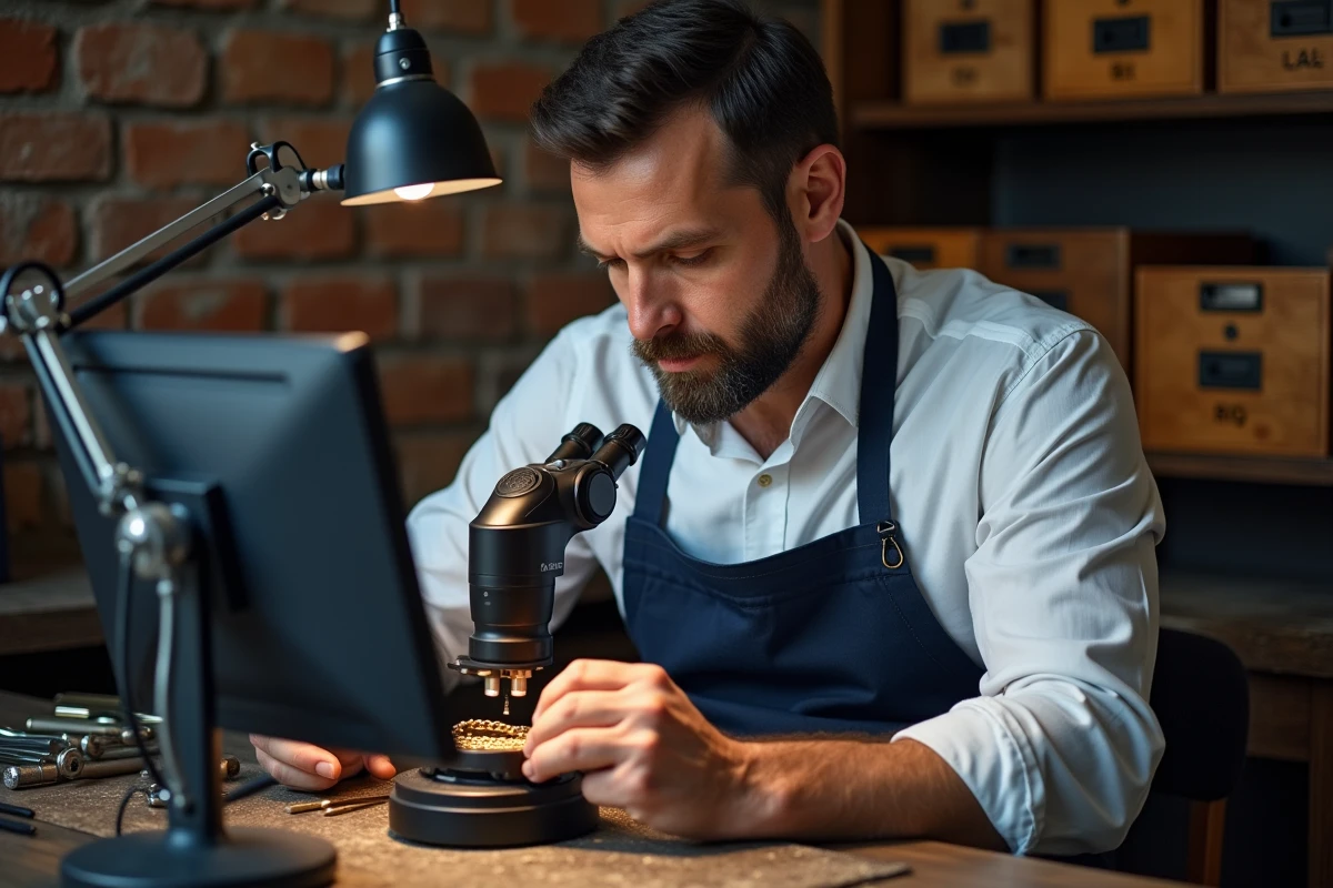 Joaillier analysant un poinçon sur une chaîne en or à l'aide d'un microscope numérique en atelier