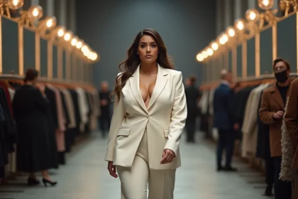 Mannequin grande taille marchant avec assurance dans les coulisses d'un défilé de mode