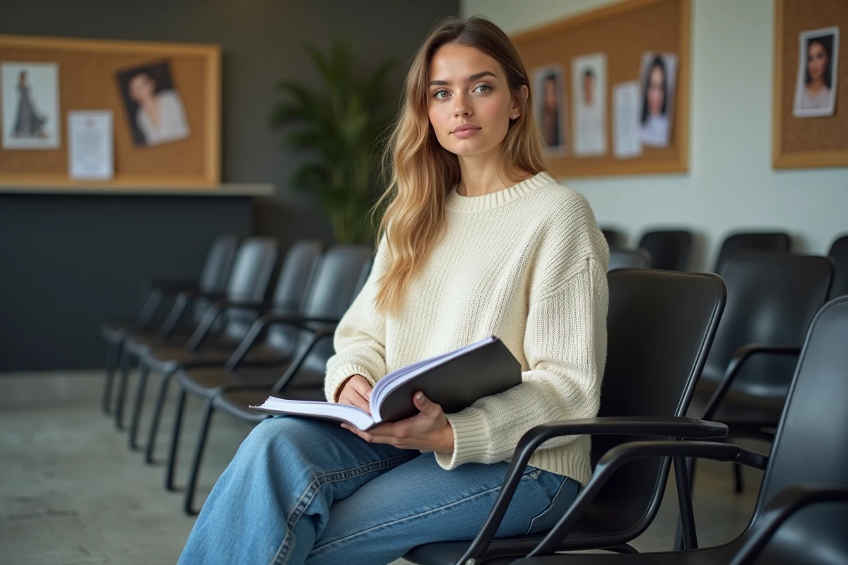 Mannequin taille intermédiaire attendant dans une salle de casting d'une agence de mannequinat