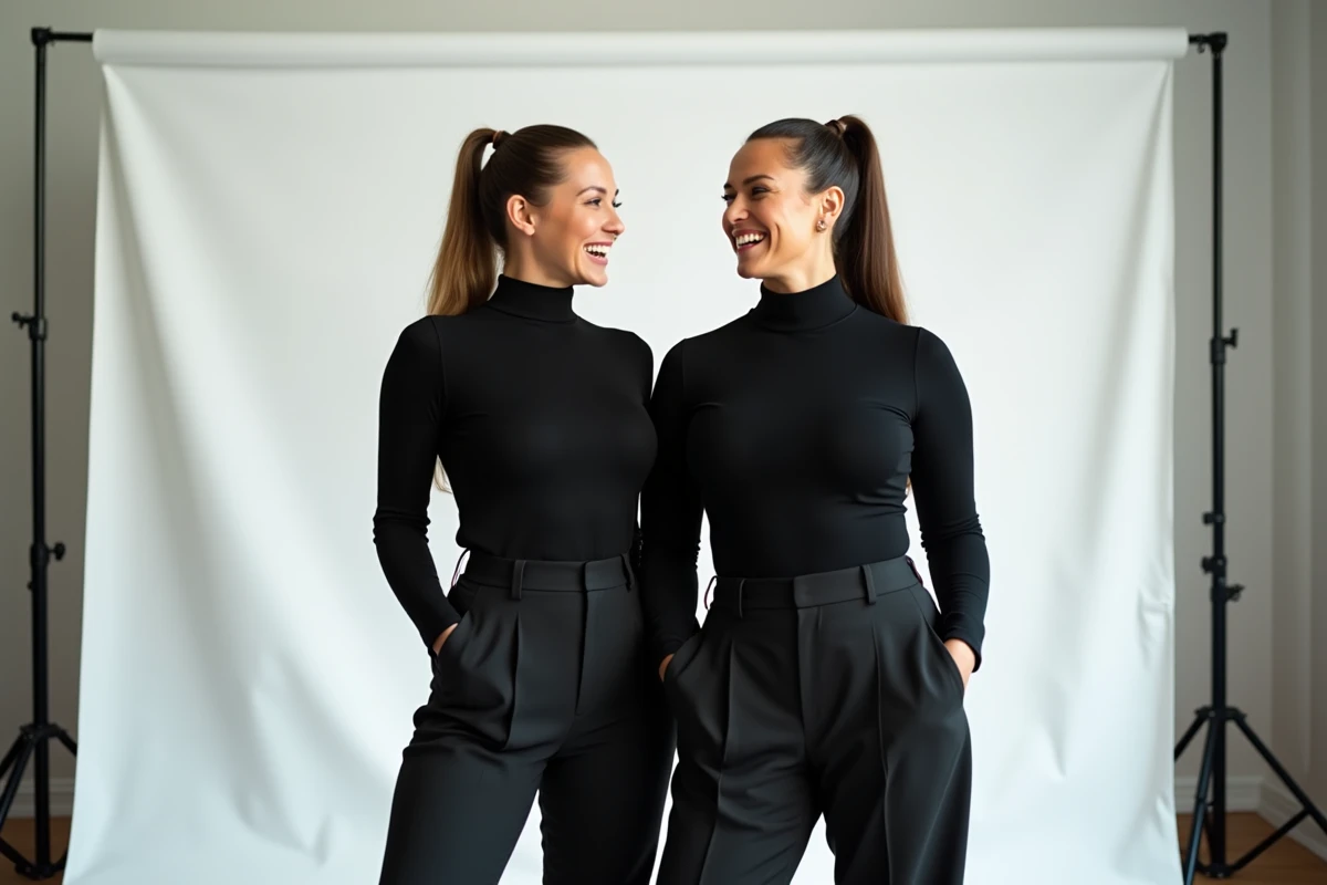 Deux mannequins aux morphologies différentes posant ensemble dans un studio de photographie professionnel