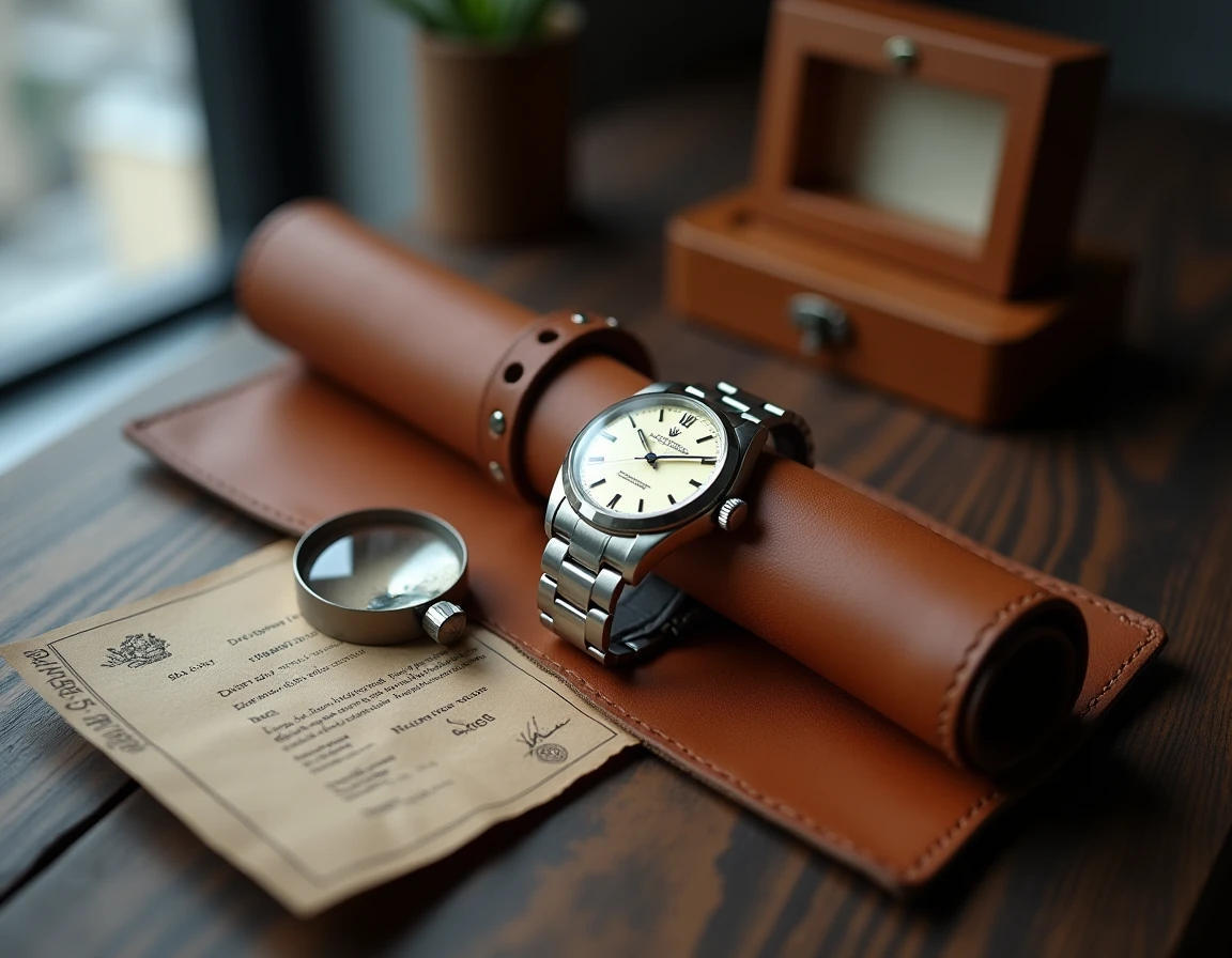 Montre de luxe Rolex vintage sur un rouleau de cuir avec loupe et certificat d'authenticité, achat sur le marché gris