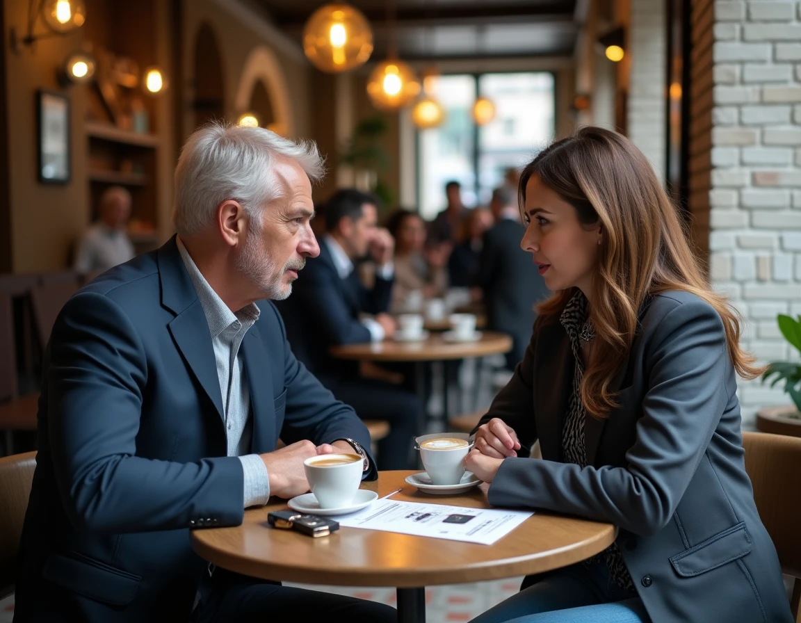 Deux personnes négociant l'achat d'une Rolex dans un café parisien avec fiche de prix et montre posée sur la table