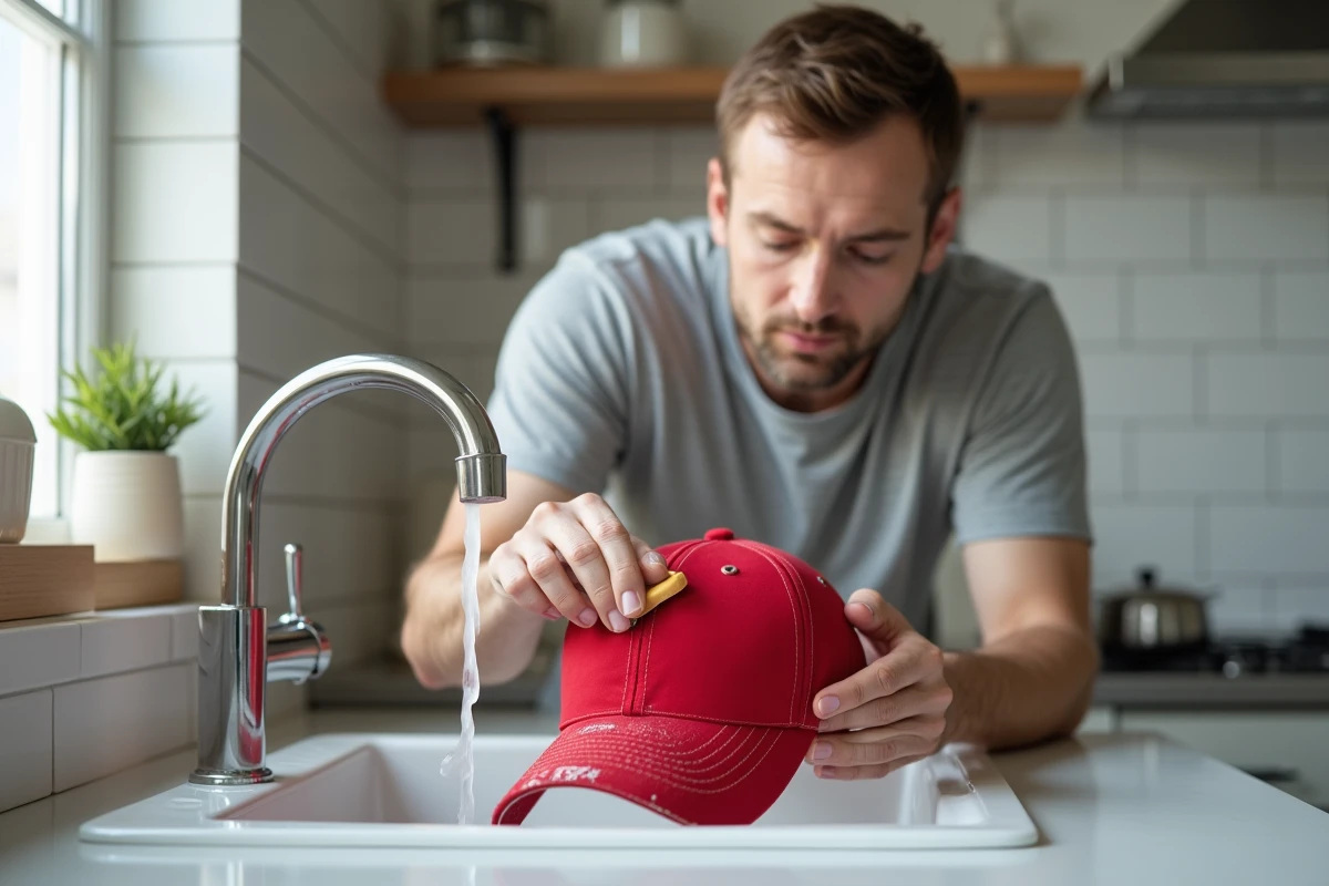 Homme nettoyant à la main une casquette rouge structurée au-dessus d'un évier de cuisine avec une brosse douce