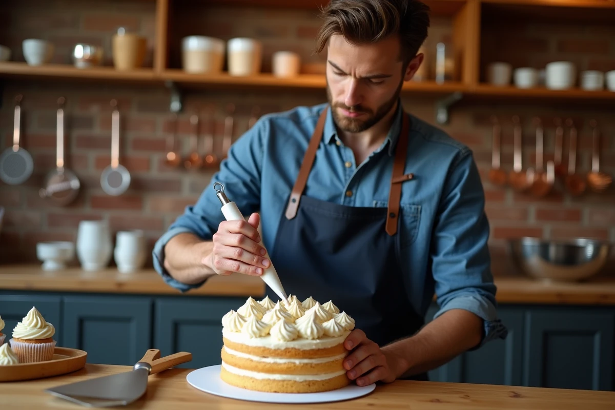 Pâtissier utilisant une poche à douille professionnelle pour décorer un gâteau dans une boulangerie artisanale avec accessoires Tess Goods