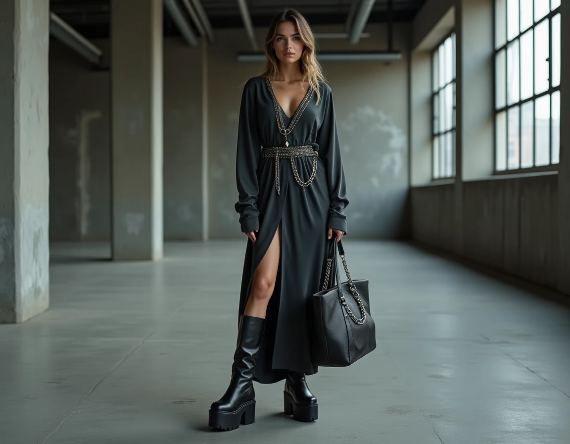 Femme en robe rock asymétrique charbonnée avec boots plateforme noires et grand sac en cuir argenté dans un loft industriel