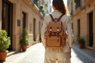 Femme élégante portant un sac à dos en liège naturel dans une rue pavée, illustration de mode éco-responsable