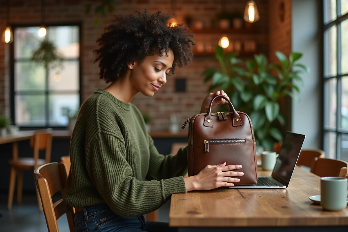 Femme dans un café tenant un sac à dos en matière recyclée, mode durable et chic en intérieur