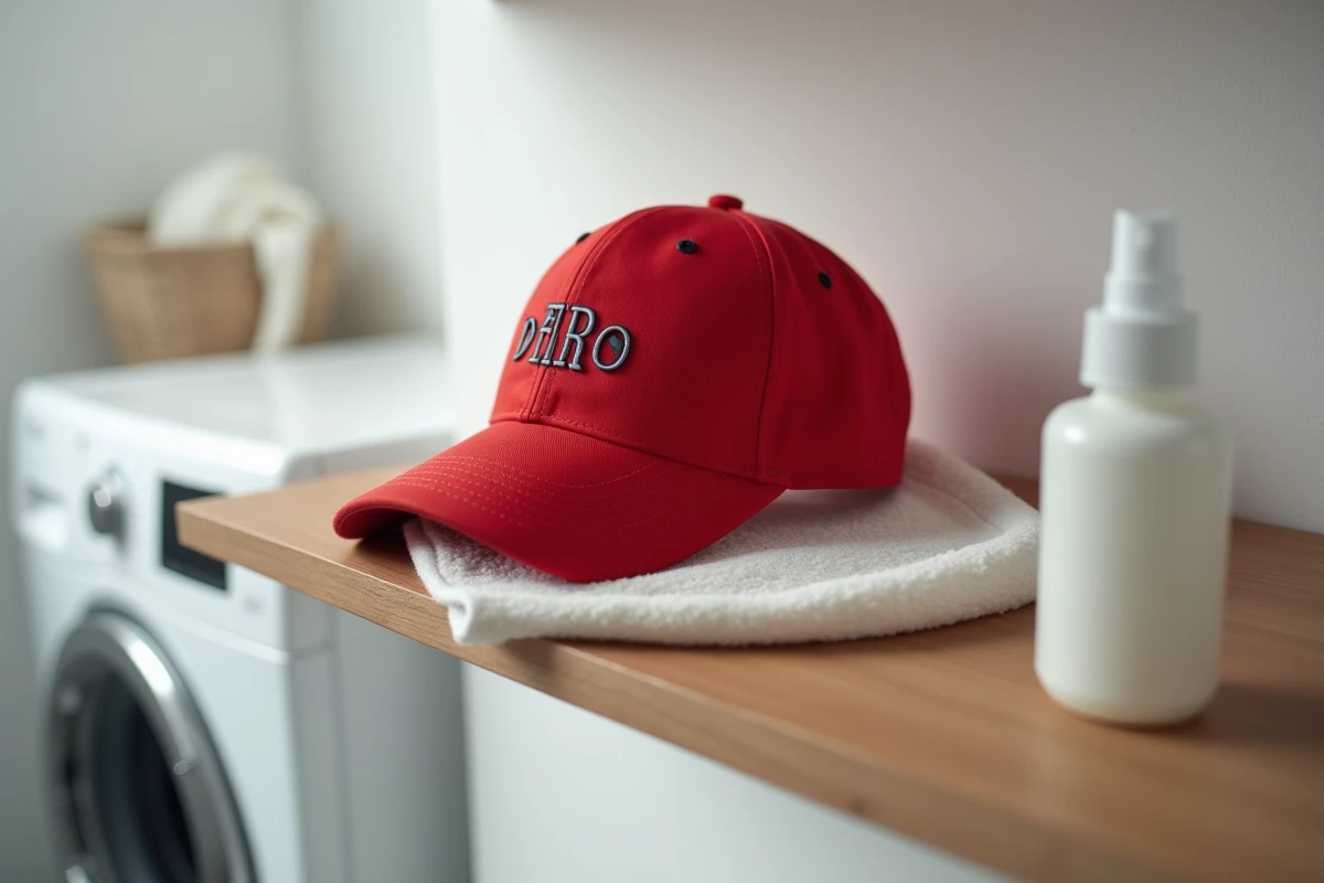 Casquette rouge America Great Again en train de sécher sur un insert de forme avec chiffon microfibre et spray tissu