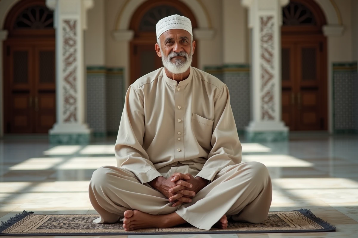 Homme âgé portant un kufi traditionnel assis dans un intérieur de mosquée aux motifs géométriques