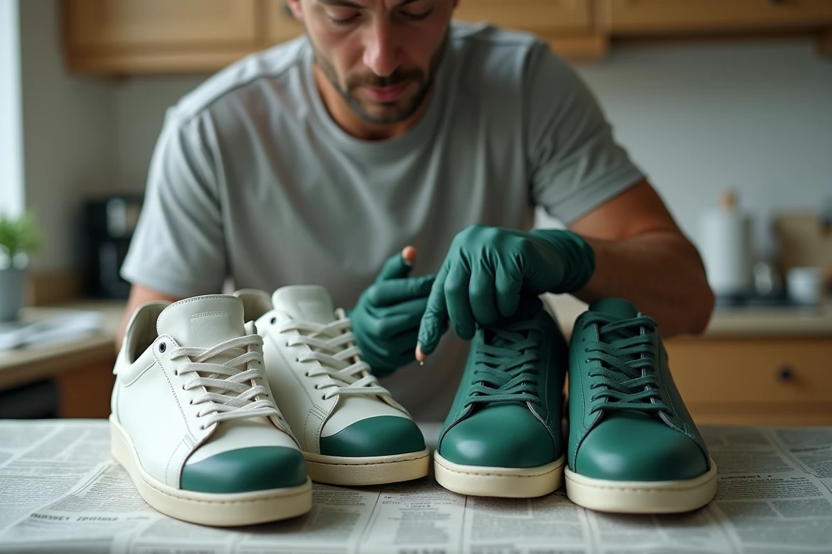 Homme en train de peindre des sneakers en cuir blanc en vert foncé à la maison avec des gants en nitrile