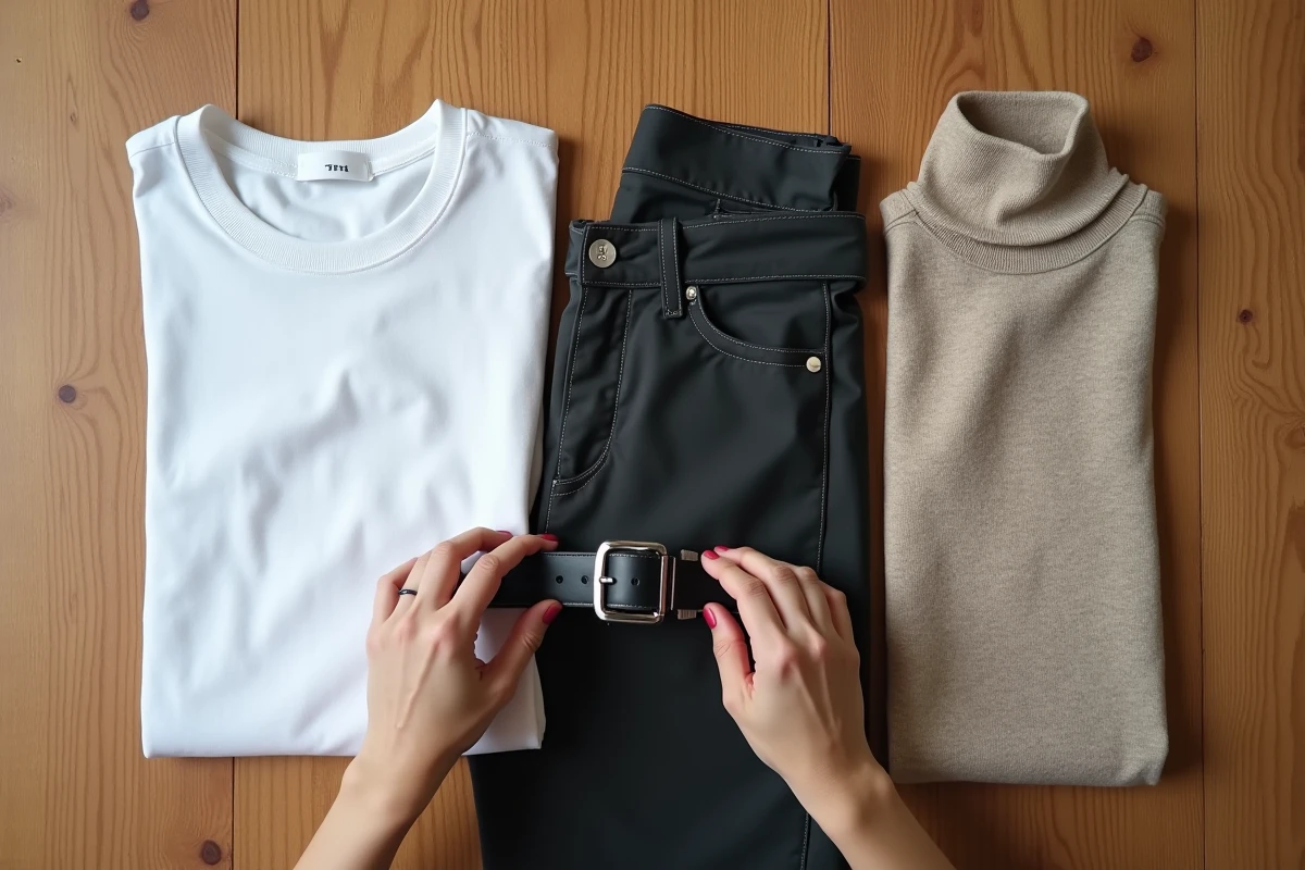 Flat lay de vêtements sans marque posés sur une table en bois pour un test comparatif de qualité