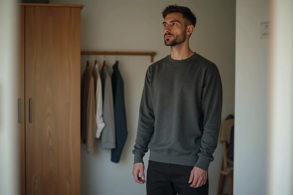 Homme essayant un sweat sans marque devant un miroir dans une chambre minimaliste