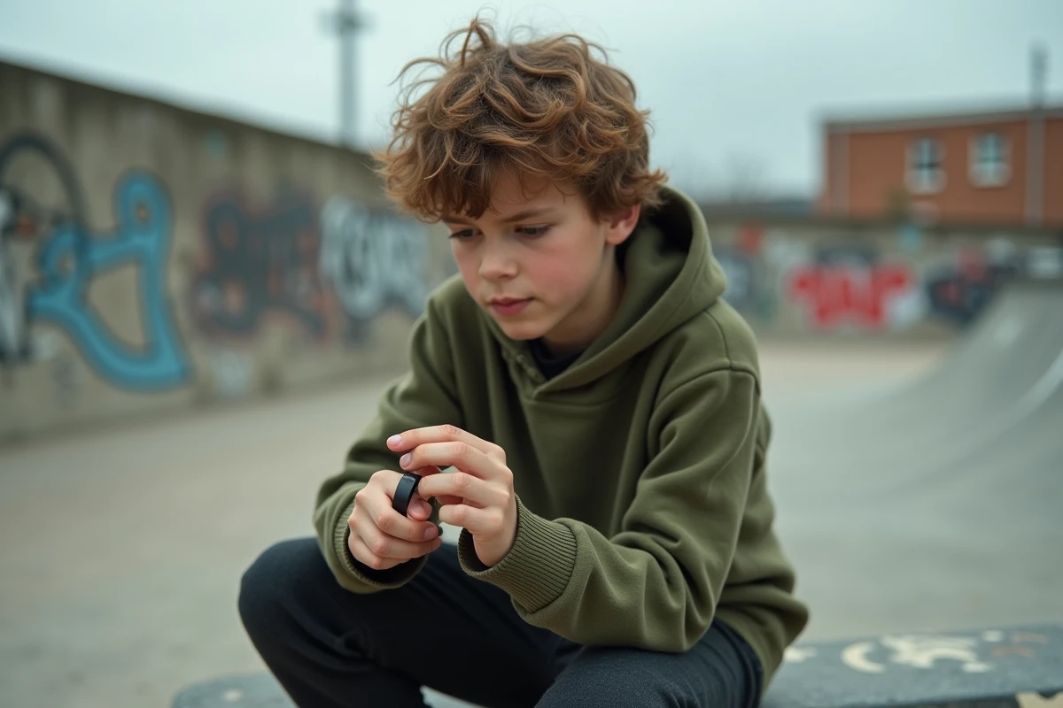Adolescent portant une bague noire en acier inoxydable dans un skatepark urbain, style tendance 2026