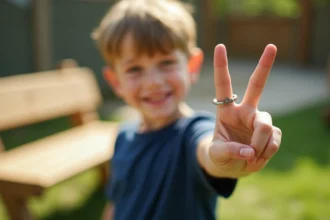 Jeune garçon souriant montrant une bague enfant en argent avec étoile gravée, tendance 2026