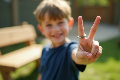 Jeune garçon souriant montrant une bague enfant en argent avec étoile gravée, tendance 2026