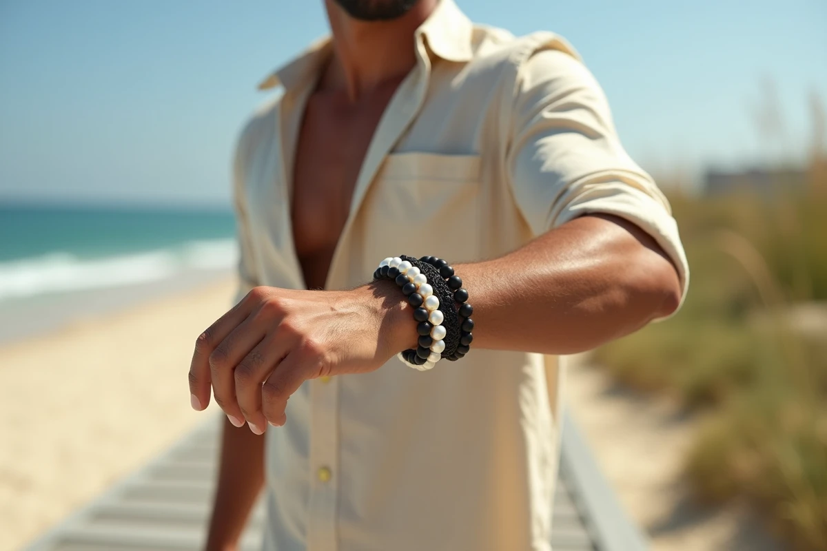 Homme en chemise en lin beige portant des bracelets en perles et onyx noirs sur un ponton côtier en bois avec vue sur l'océan