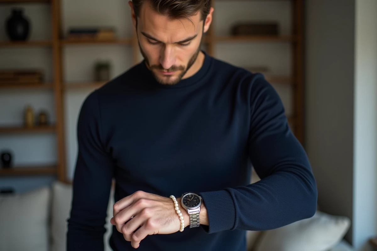 Homme en pull marine portant un bracelet en perles d'eau douce avec une montre minimaliste dans un intérieur moderne