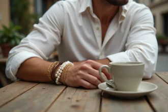 Homme portant un bracelet en perles combiné avec des bracelets en or et cuir sur un poignet posé sur une table de café en bois