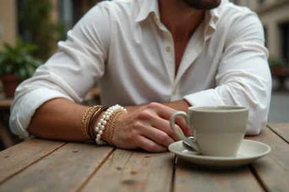 Homme portant un bracelet en perles combiné avec des bracelets en or et cuir sur un poignet posé sur une table de café en bois