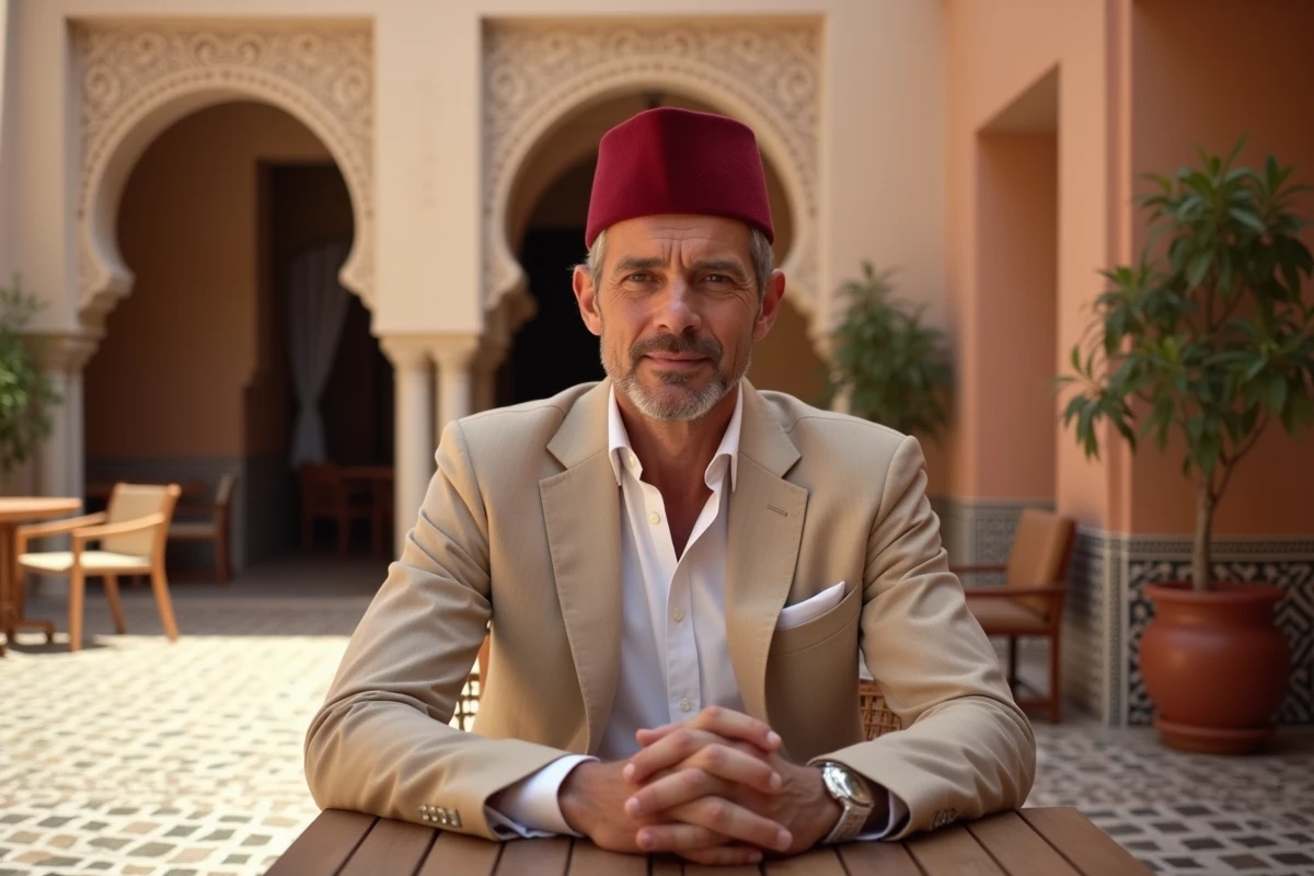 Homme en fez bordeaux traditionnel associé à un costume moderne dans un riad marocain, mode musulmane tendance