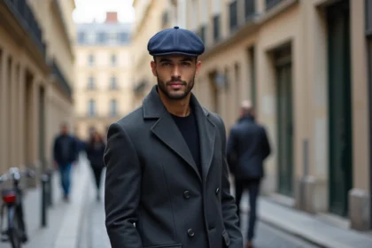 Homme portant un kufi en laine marine tendance dans une rue urbaine parisienne, style musulman moderne 2026