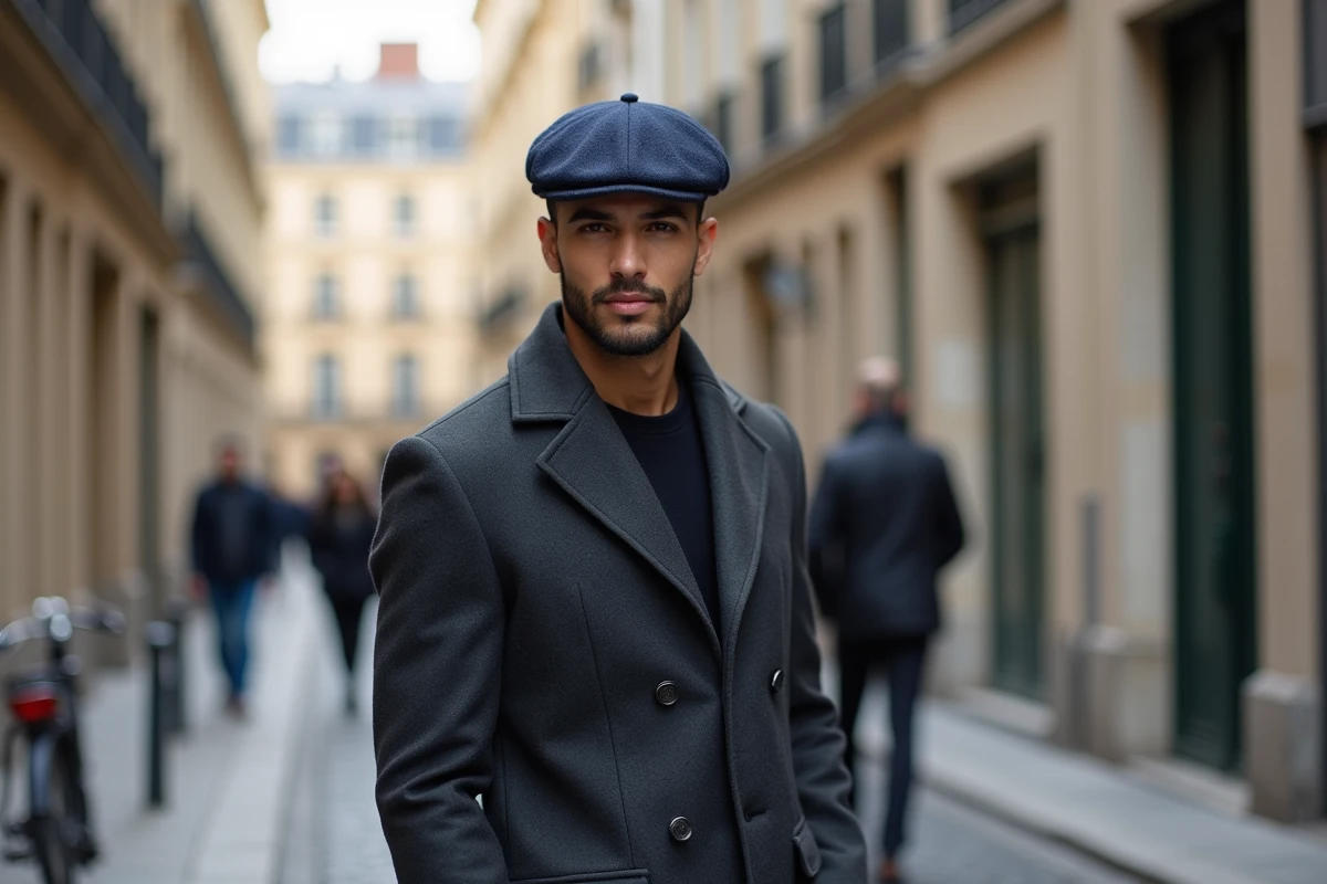 Homme portant un kufi en laine marine tendance dans une rue urbaine parisienne, style musulman moderne 2026
