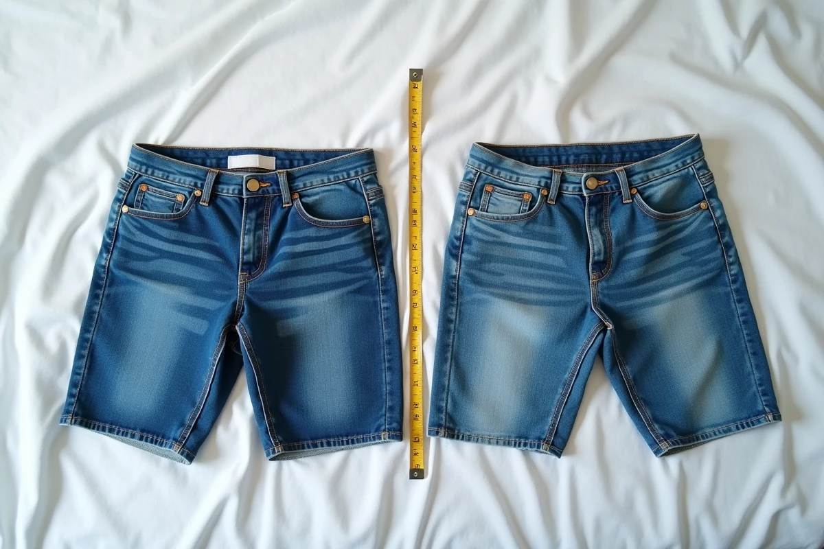 Comparaison de deux jeans avant et après rétrécissement au sèche-linge, posés à plat avec un mètre ruban