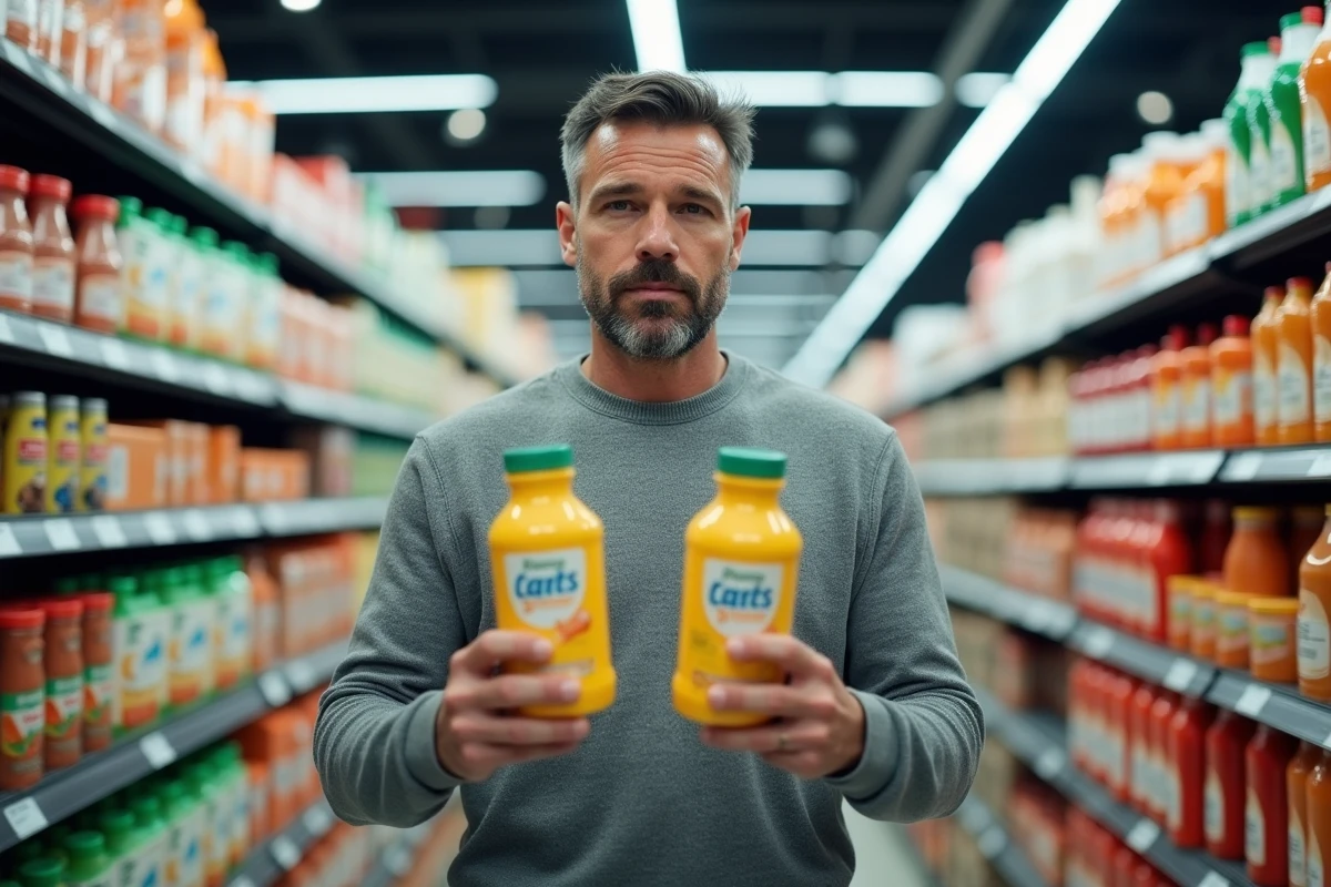 Homme comparant deux produits en supermarché pour identifier une marque générique ou alternative