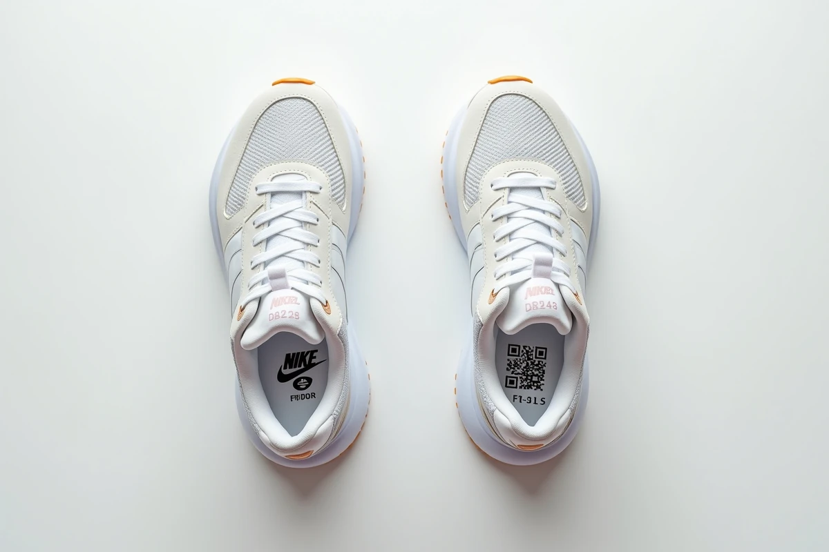 Comparaison entre un code-barres UPC et un QR code interne Nike sur la semelle de deux chaussures