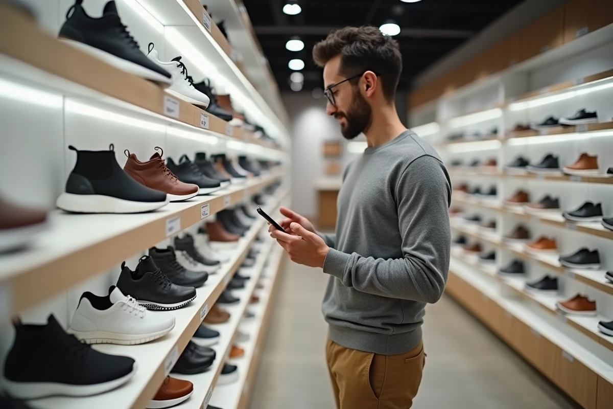 Homme en magasin de chaussures consultant une conversion de pointures UK sur son smartphone